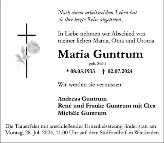 Traueranzeige von Maria Guntrum von Wiesbadener Kurier