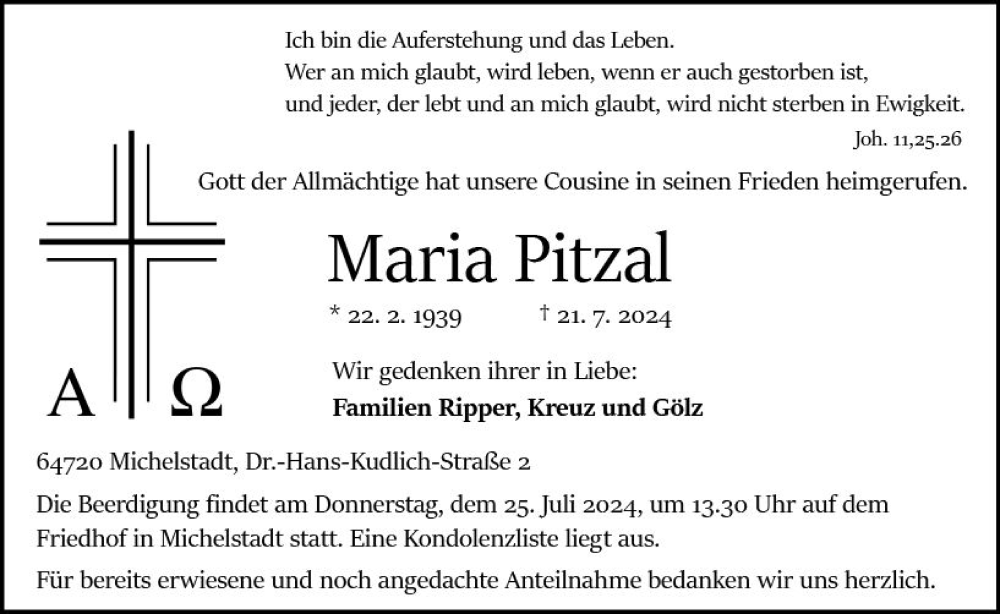  Traueranzeige für Maria Pitzal vom 24.07.2024 aus Odenwälder Echo