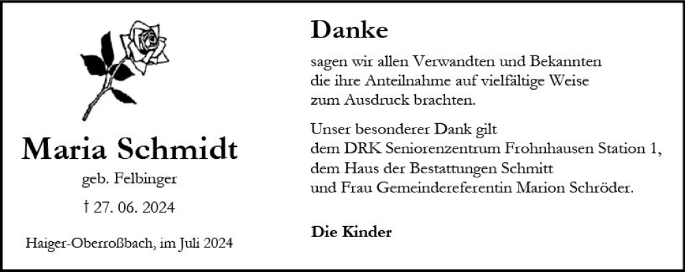  Traueranzeige für Maria Schmidt vom 20.07.2024 aus Dill Block