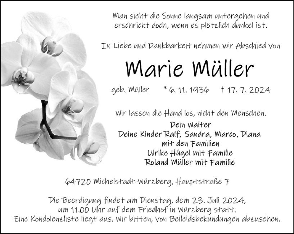  Traueranzeige für Marie Müller vom 20.07.2024 aus Odenwälder Echo