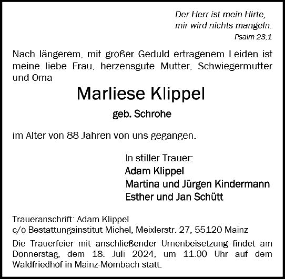  Traueranzeige für Marliese Klippel vom 06.07.2024 aus Allgemeine Zeitung Mainz