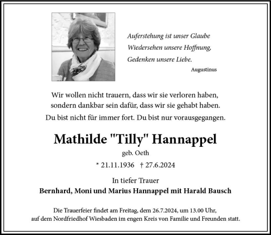 Traueranzeige von Mathilde Hannappel von Wiesbadener Kurier