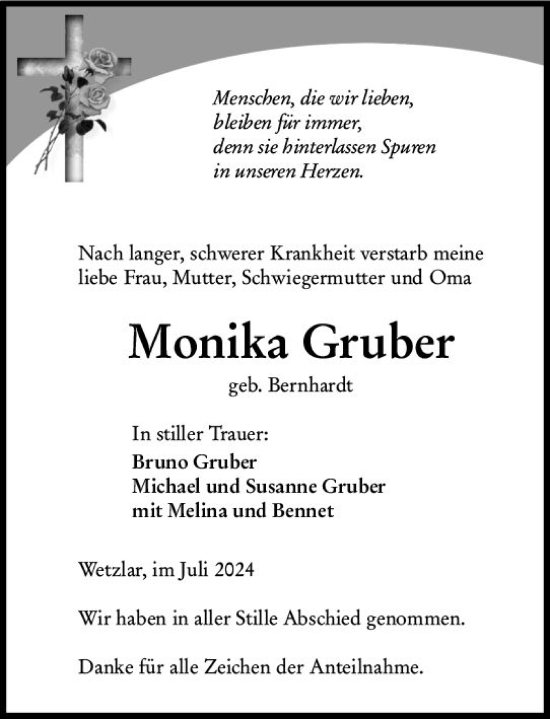 Traueranzeige von Monika Gruber von Wetzlarer Neue Zeitung