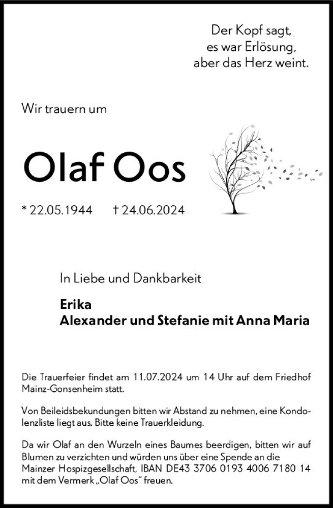  Traueranzeige für Olaf Oos vom 06.07.2024 aus Allgemeine Zeitung Mainz