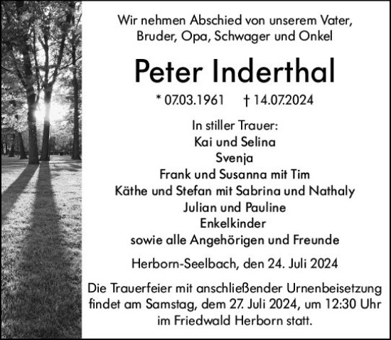 Traueranzeige von Peter Inderthal von Dill Block