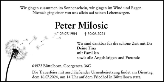 Traueranzeige von Peter Milosic von Groß-Gerauer Echo