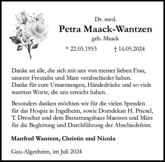 Traueranzeige von Petra Maack-Wantzen von Allgemeine Zeitung Rheinhessen-Nahe
