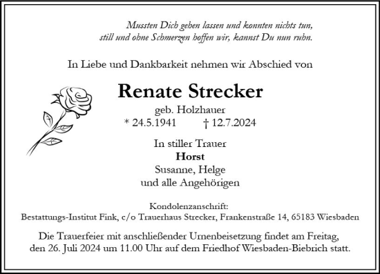 Traueranzeige von Renate Strecker von Wiesbadener Kurier