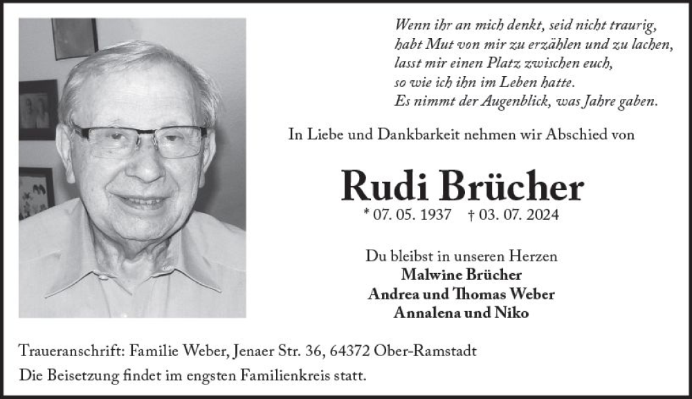  Traueranzeige für Rudi Brücher vom 13.07.2024 aus Darmstädter Echo