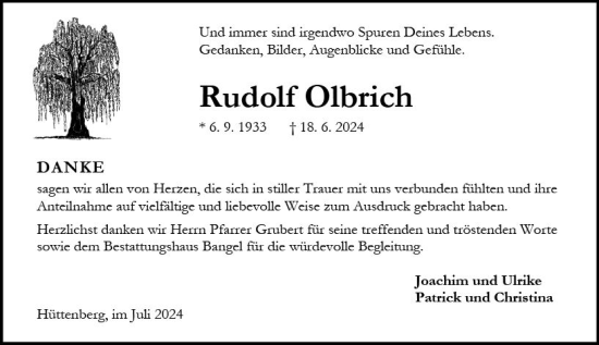 Traueranzeige von Rudolf Olbrich von Wetzlarer Neue Zeitung