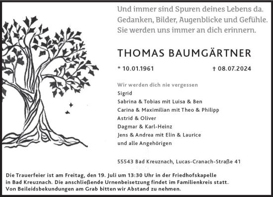Traueranzeige von Thomas Baumgärtner von Allgemeine Zeitung Rheinhessen-Nahe