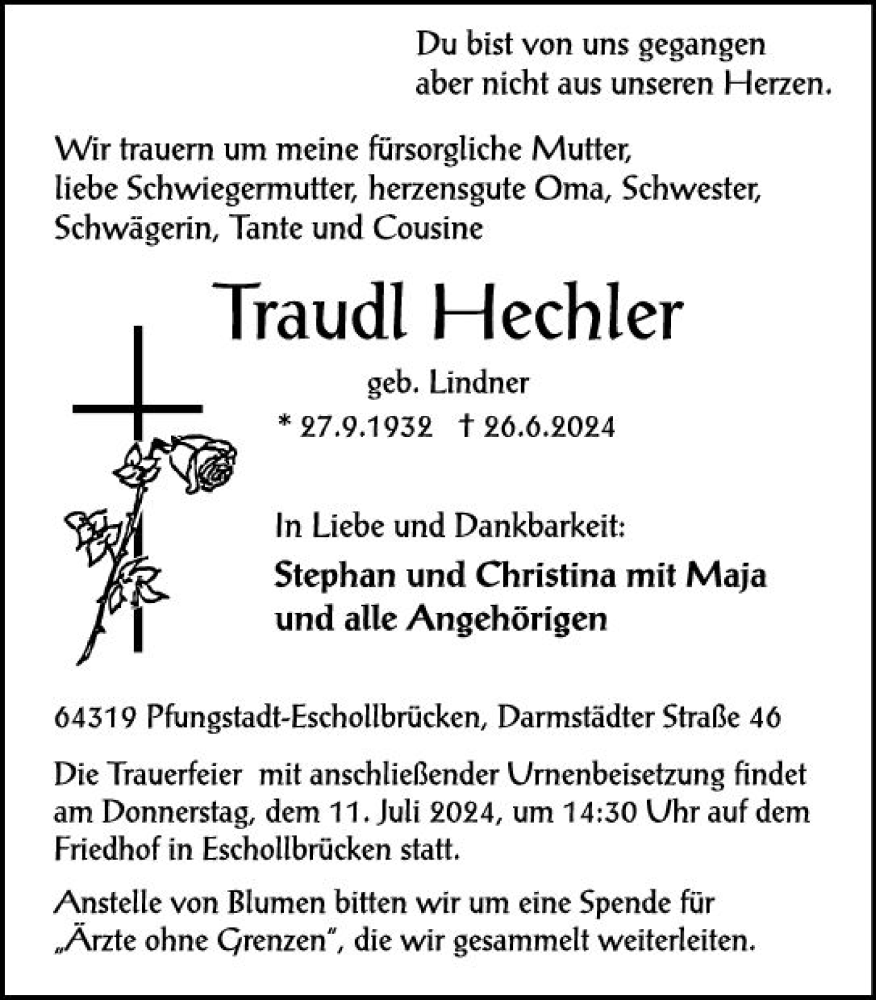  Traueranzeige für Traudl Hechler vom 06.07.2024 aus Darmstädter Echo