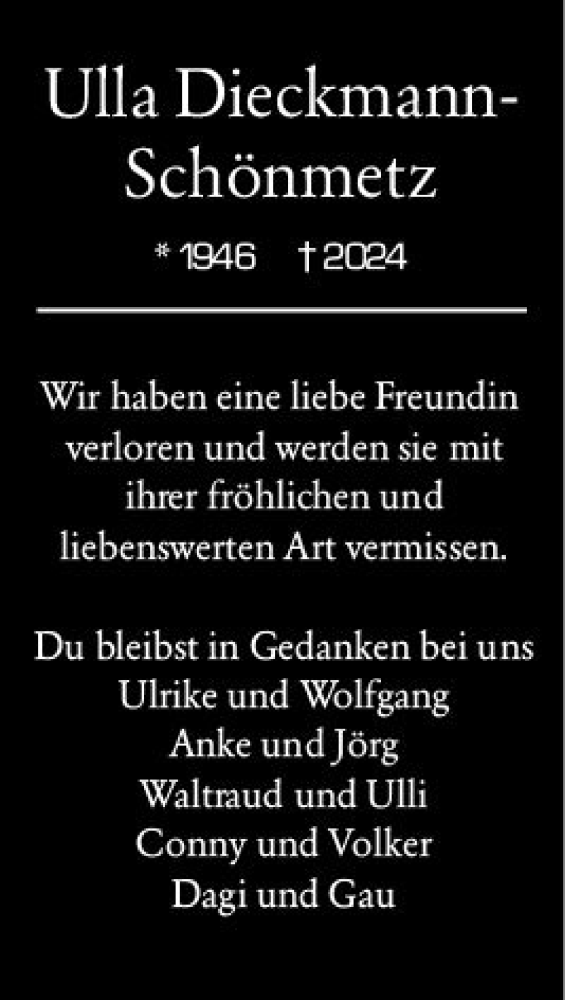  Traueranzeige für Ulla Dieckmann-Schönmetz vom 13.07.2024 aus Darmstädter Echo