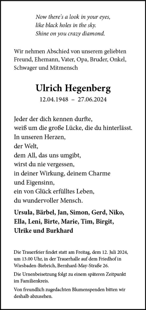 Traueranzeige von Ulrich Hegenberg von Wiesbadener Kurier