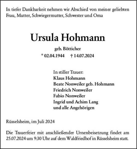 Traueranzeige von Ursula Hohmann von Rüsselsheimer Echo