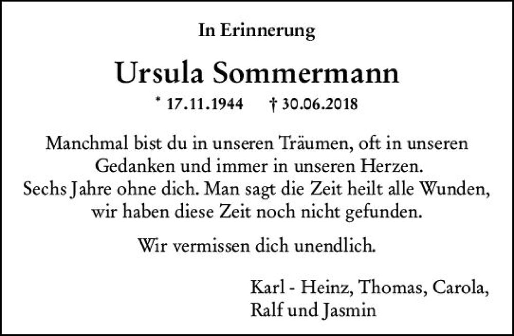  Traueranzeige für Ursula Sommermann vom 01.07.2024 aus Darmstädter Echo