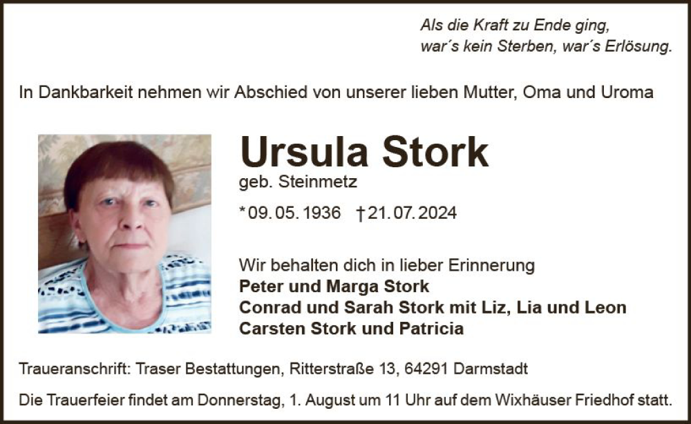  Traueranzeige für Ursula Stork vom 27.07.2024 aus Darmstädter Echo