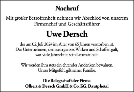 Traueranzeige von Uwe Dersch von Hinterländer Anzeiger