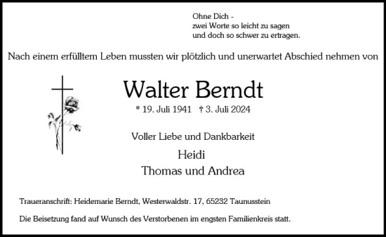 Traueranzeige von Walter Berndt von Wiesbadener Kurier