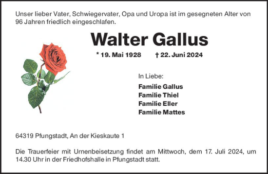 Traueranzeige von Walter Gallus von Darmstädter Echo