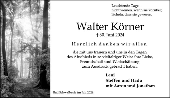 Traueranzeige von Walter Körner von Idsteiner Land/Untertaunus