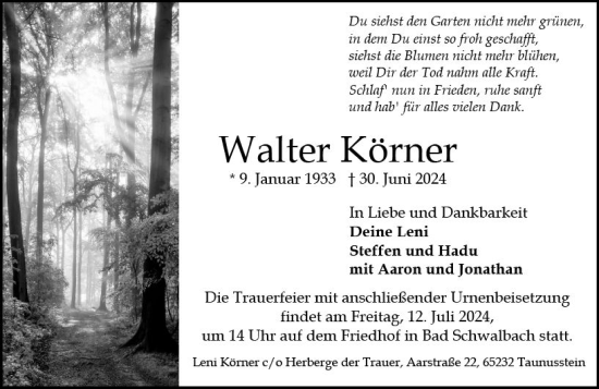 Traueranzeige von Walter Körner von Idsteiner Land/Untertaunus