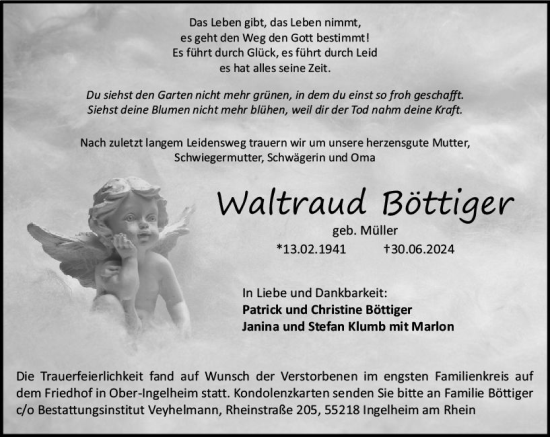 Traueranzeige von Waltraud Böttiger von Allgemeine Zeitung Rheinhessen-Nahe