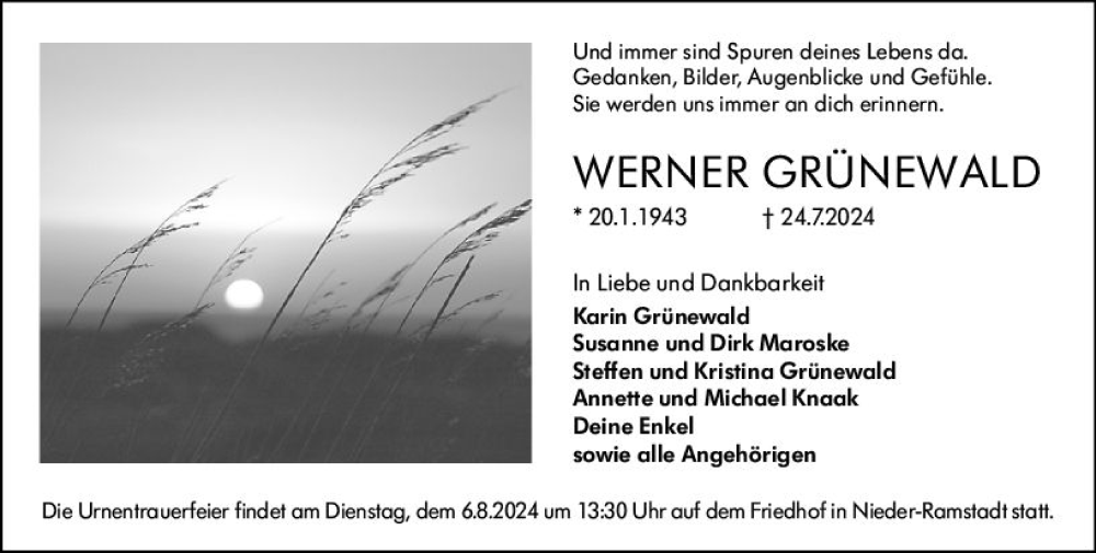  Traueranzeige für Werner Grünewald vom 27.07.2024 aus Darmstädter Echo
