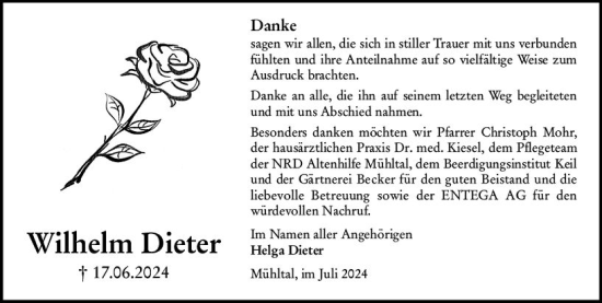 Traueranzeige von Wilhelm Dieter von Darmstädter Echo