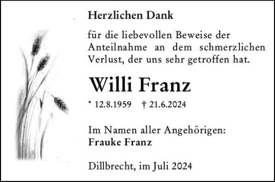 Traueranzeige von Willi Franz von Dill Block