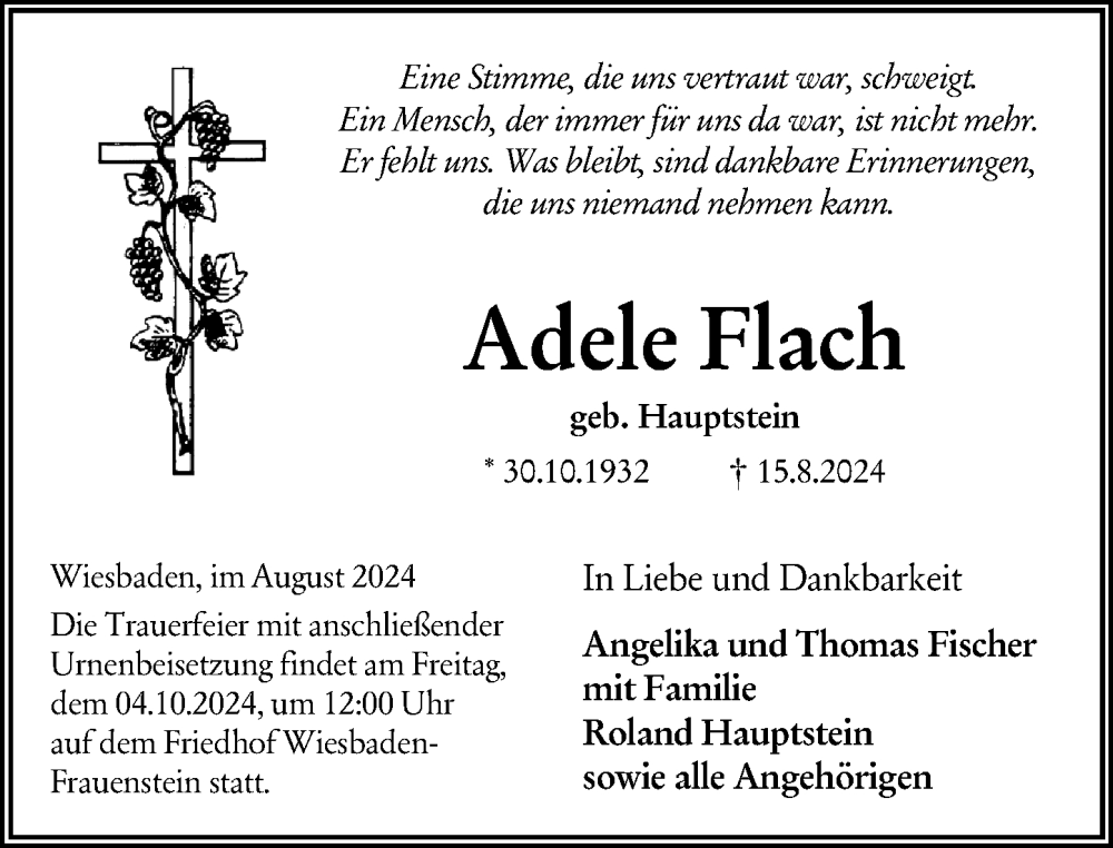  Traueranzeige für Adele Flach vom 31.08.2024 aus Wiesbadener Kurier