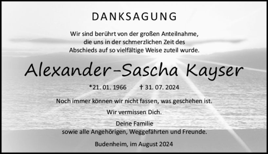 Traueranzeige von Aexander-Sascha Kayser von Allgemeine Zeitung Mainz