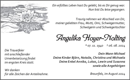Traueranzeige von Angelika Hoyer-Nolting von Wetzlarer Neue Zeitung
