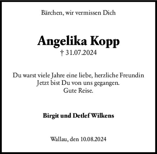 Traueranzeige von Angelika Kopp von Wiesbadener Kurier