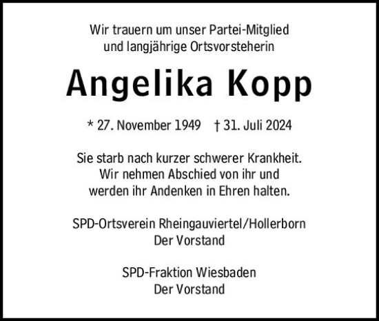 Traueranzeige von Angelika Kopp von Wiesbadener Kurier