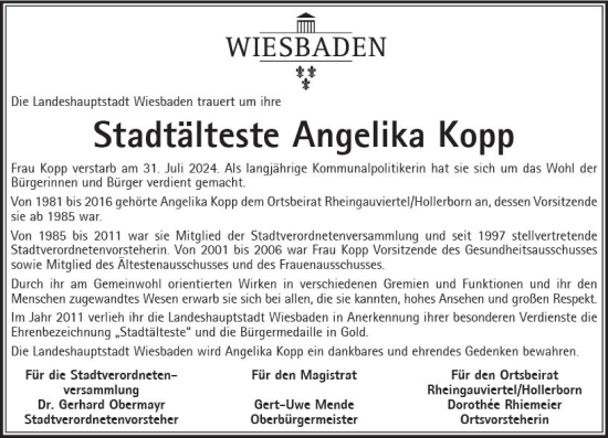 Traueranzeige von Angelika Kopp von Wiesbadener Kurier