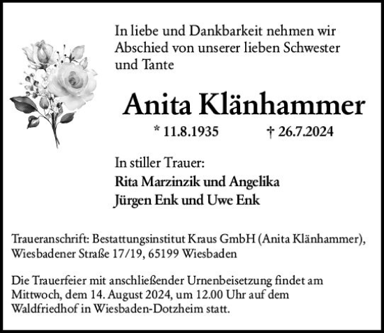 Traueranzeige von Anita Klänhammer von Wiesbadener Kurier