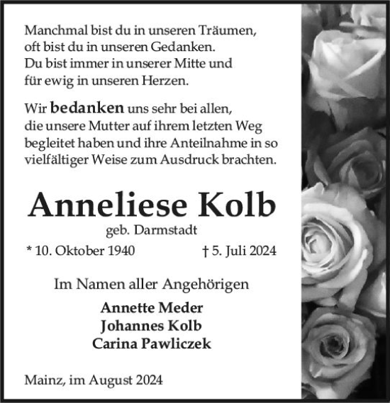 Traueranzeige von Anneliese Kolb von Allgemeine Zeitung Mainz