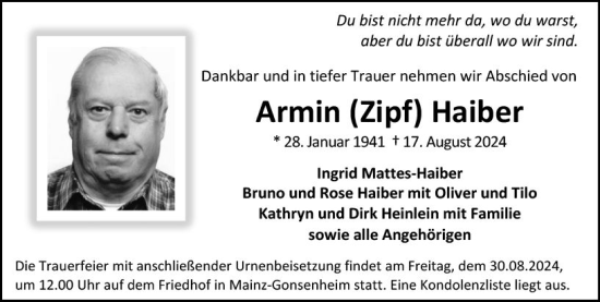 Traueranzeige von Armin  Halber von Allgemeine Zeitung Mainz