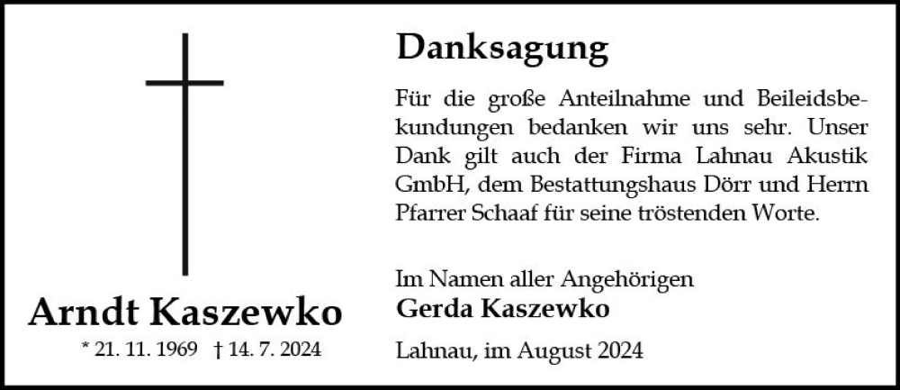  Traueranzeige für Arndt Kaszewko vom 10.08.2024 aus Wetzlarer Neue Zeitung