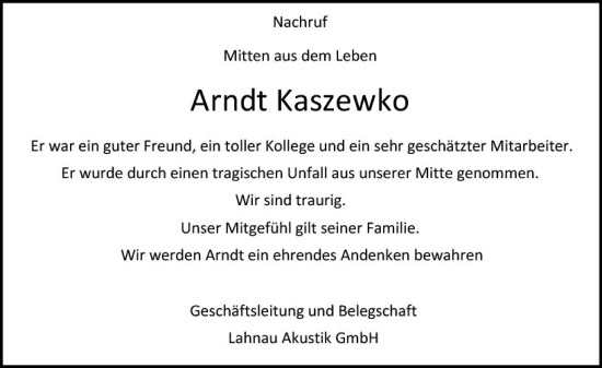 Traueranzeige von Arndt Kaszewko von Wetzlarer Neue Zeitung