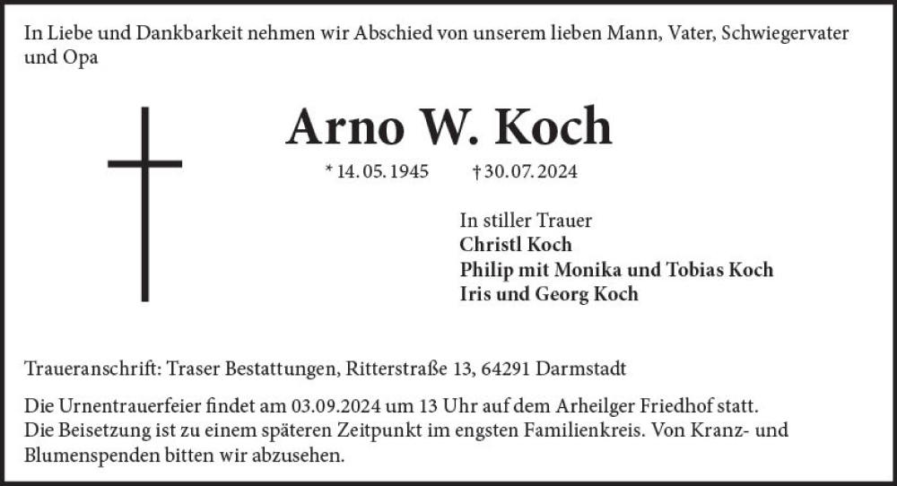  Traueranzeige für Arno  Koch vom 24.08.2024 aus Darmstädter Echo