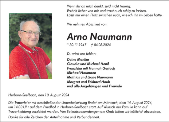 Traueranzeige von Arno Naumann von Dill Block