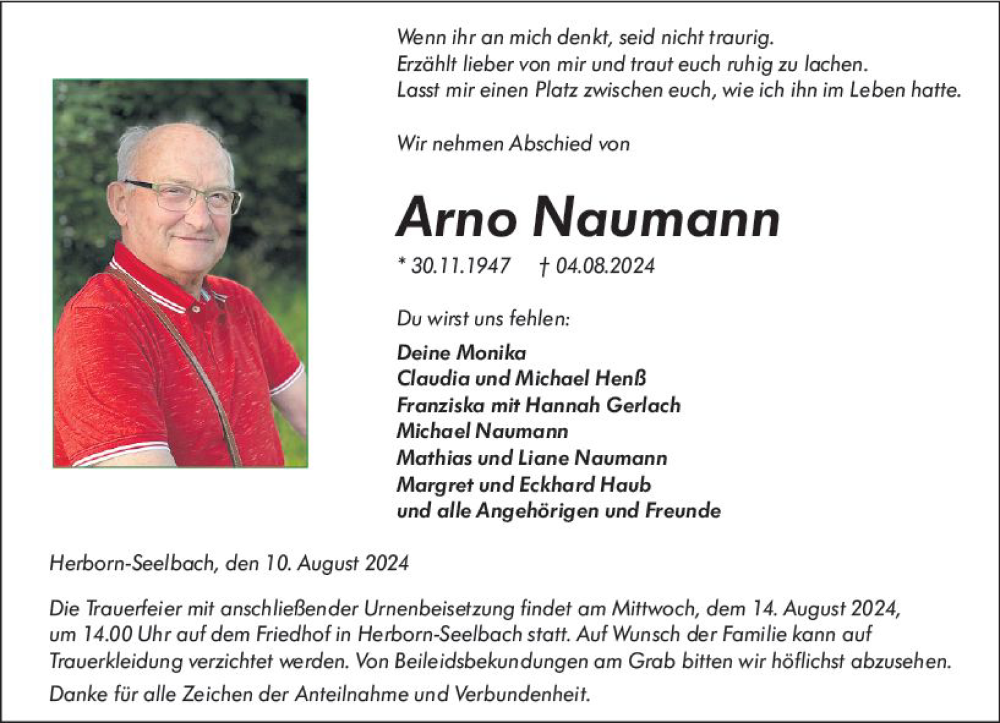  Traueranzeige für Arno Naumann vom 10.08.2024 aus Dill Block