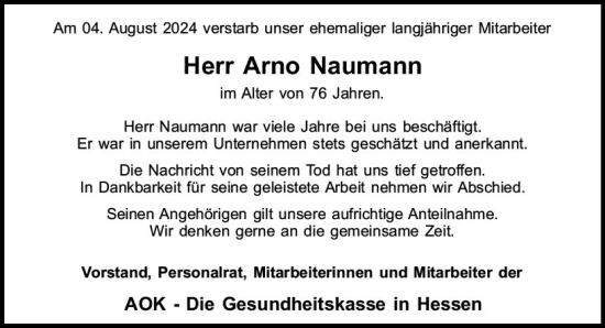 Traueranzeige von Arno Naumann von Dill Block