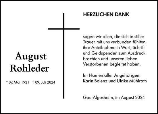 Traueranzeige von August Rohleder von Allgemeine Zeitung Rheinhessen-Nahe