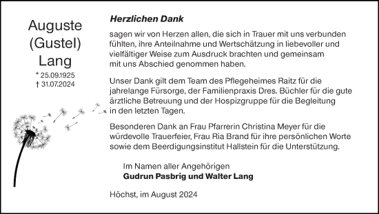 Traueranzeige von Auguste Lang von Odenwälder Echo