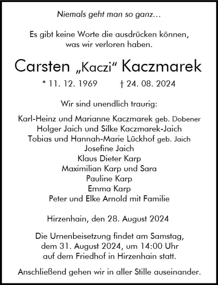  Traueranzeige für Carsten Kaczmarek vom 28.08.2024 aus Dill Block