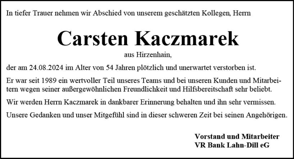  Traueranzeige für Carsten Kaczmarek vom 29.08.2024 aus Hinterländer Anzeiger