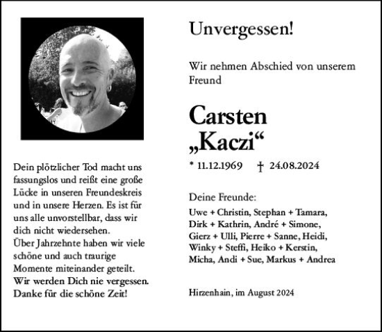 Traueranzeige von Carsten Kaczmarek von Hinterländer Anzeiger